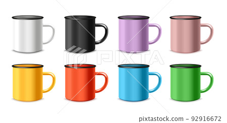 Enamel mugs in different colors, realistic 3d vector illustration isolated on white background. 92916672