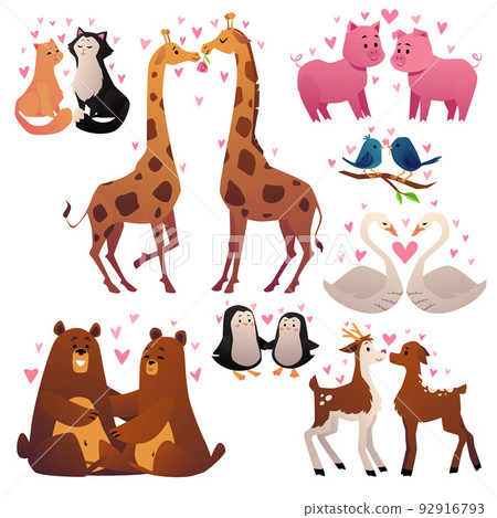 Cute animal couples set, cartoon flat vector illustration isolated on white background. 92916793