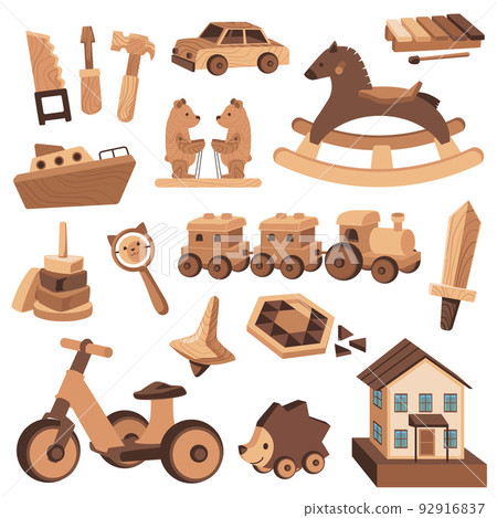 Kids wooden toys and toy tools set, flat vector illustration isolated. Kids wooden toys and toy tools set, flat vector illustration isolated. 92916837
