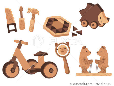 Wooden kids toys and educational puzzle games set vector illustrations isolated. 92916840