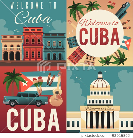 Cuba welcoming posters set with traditional travel elements flat vector illustration. 92916863