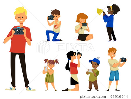 Children with photo cameras taking picture flat vector illustration isolated. Children with photo cameras taking picture flat vector illustration isolated. 92916944