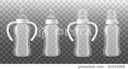 Realistic empty baby bottles with and without handles and cap, vector illustration isolated on transparent background. Realistic empty baby bottles with and without handles and cap, vector illustration isolated on transparent background. 92916966