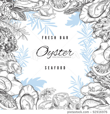 Seafood bar banner or menu card with oysters hand drawn vector illustration. 92916976