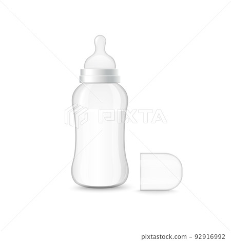 Baby milk bottle with pacifier and removable cap, 3d realistic vector illustration isolated on white background. Baby milk bottle with pacifier and removable cap, 3d realistic vector illustration isolated on white background. 92916992