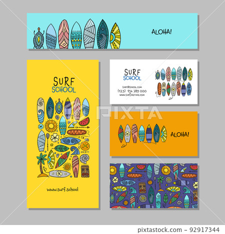 Surf boards collection, surfing time. Concept Art, frame and pattern background. Set of banners in one style hand drawn for your design. Vector illustration 92917344