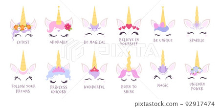 Funny unicorn face. Queen princess unicorns, cute romantic ponies print. Magic positive motivation party stickers. Girly baby rainbow racy vector clipart with phrases 92917474