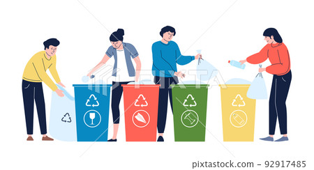 Person sorting garbage for recycle. Management waste in trash cans. Ecology recycling service concept, separated paper plastic glass in containers, recent vector scene 92917485
