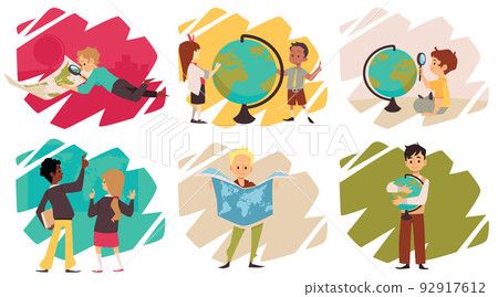 Children studying geography set of banners, flat vector illustration isolated. 92917612