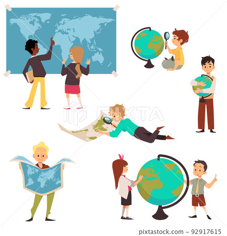 School children studying geography set of vector illustrations isolated. 92917615