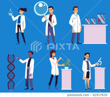 Scientists conduct experiments in biotechnology, vector illustration isolated. 92917630