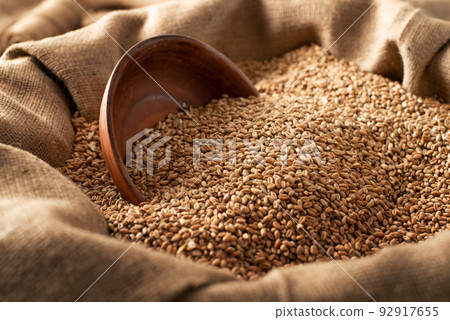 Burlap sack with wheat grains and clay bowl Burlap sack with wheat grains and clay bowl 92917655