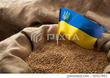 Burlap sack with wheat grains and Ukrainian flag concept 92917661