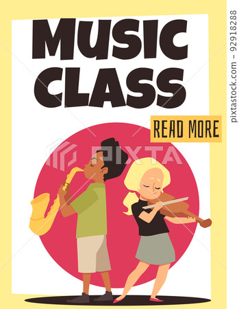 Banner or card with kids playing music, flat cartoon vector illustration. Banner or poster template for children music classes or concert invitation. Banner or card with kids playing music, flat cartoon vector illustration. Banner or poster template for children music classes or concert invitation. 92918288