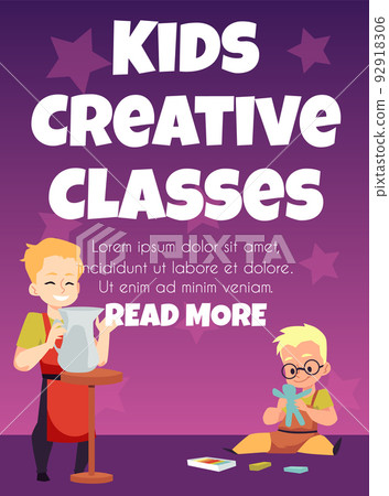 Art crafts class poster with happy kids sculpt with plasticine and pottery clay. Art crafts class poster with happy kids sculpt with plasticine and pottery clay. 92918306