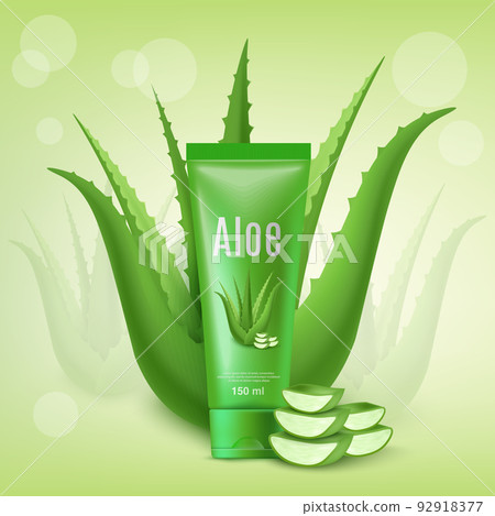 Vera plant gel in green tube, 3D realistic vector ad template. Aloe vera skincare cosmetic commercial poster. Vera plant gel in green tube, 3D realistic vector ad template. Aloe vera skincare cosmetic commercial poster. 92918377
