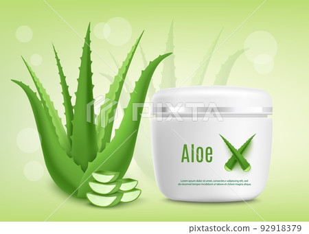 Aloe vera cream product 3D realistic vector mockup. Vera plant cosmetic in white plastic jar. Skincare template. Aloe vera cream product 3D realistic vector mockup. Vera plant cosmetic in white plastic jar. Skincare template. 92918379
