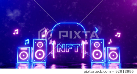 3d rendering concept NFT or non fungible token for music. Neon stereo speakers with headphone and NFT text. 3d rendering concept NFT or non fungible token for music. Neon stereo speakers with headphone and NFT text. 92918996