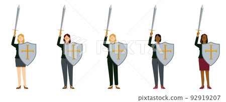 拿著劍和盾的商人的插圖集 安全圖像 世界多樣性婦女 92919207