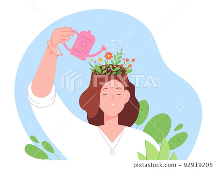 Growth positive think. Optimistic thinking, confident woman pouring flower in self head brain, fulfillment mental health mind care mindset, psychology concept vector illustration 92919208
