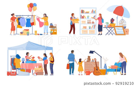 Flea market. Flea-market people sell secondhand clothes and antique furniture, garage sale used items outdoor marketplace, seller shopper fashion bazaar, swanky vector illustration 92919210
