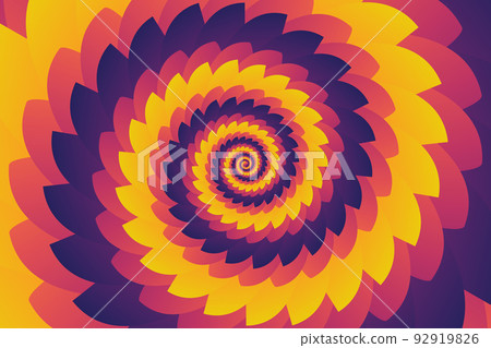 Beautiful abstract illustration of unusual flower with yellow, pink, purple gradient petals. Template for cover, flyer or banner. Geometric spiral pattern. Vector esp 10 Beautiful abstract illustration of unusual flower with yellow, pink, purple gradient petals. Template for cover, flyer or banner. Geometric spiral pattern. Vector esp 10 92919826