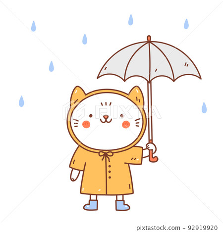 Cute cat in a yellow raincoat under an umbrella Cute cat in a yellow raincoat under an umbrella 92919920
