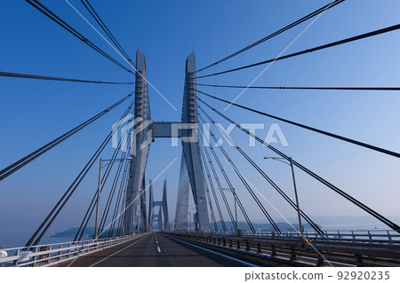 Seto Ohashi Bridge in the early morning Two cable-stayed bridges, Hitsuishijima Bridge and Iwakurojima Bridge Seto Ohashi Bridge in the early morning Two cable-stayed bridges, Hitsuishijima Bridge and Iwakurojima Bridge 92920235
