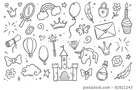 Hand drawn princess doodle set. Beauty cute girl princess accessories, fairy unicorn, castle. Doodle background. 92921243