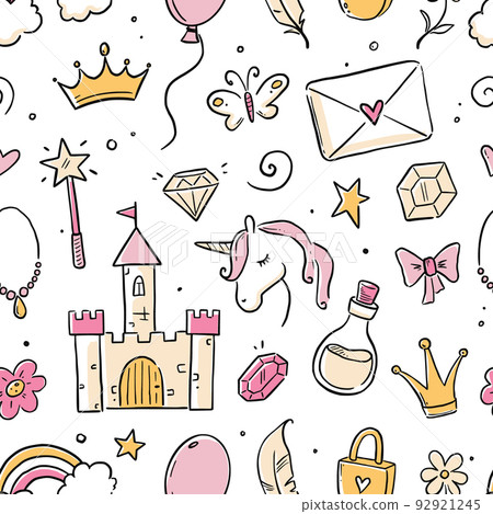 Hand drawn princess doodle seamless pattern. Beauty pattern with cute girl princess accessories, fairy unicorn, castle. Doodle background, wallpaper. Hand drawn princess doodle seamless pattern. Beauty pattern with cute girl princess accessories, fairy unicorn, castle. Doodle background, wallpaper. 92921245