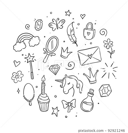 Hand drawn princess doodle set. Beauty cute girl princess accessories, fairy unicorn, castle. Doodle background. 92921246