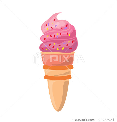 Ice cream with a waffle tube with colored sprinkles, on a white background with pink icing. Vector illustration. Ice cream with a waffle tube with colored sprinkles, on a white background with pink icing. Vector illustration. 92922021
