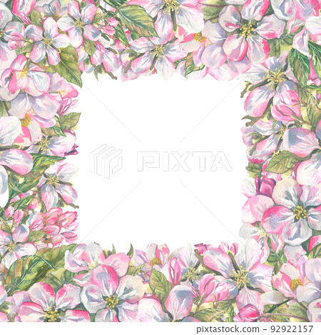 Square frame with flowers and leaves of an apple tree. Watercolor illustration. For the design and decoration of wedding and romantic invitations, certificates, postcards, posters, souvenirs. Square frame with flowers and leaves of an apple tree. Watercolor illustration. For the design and decoration of wedding and romantic invitations, certificates, postcards, posters, souvenirs. 92922157