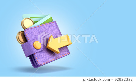 Concept of accumulation of funds in the wallet with gold coins and bills 3d render illustration on blue background Concept of accumulation of funds in the wallet with gold coins and bills 3d render illustration on blue background 92922382