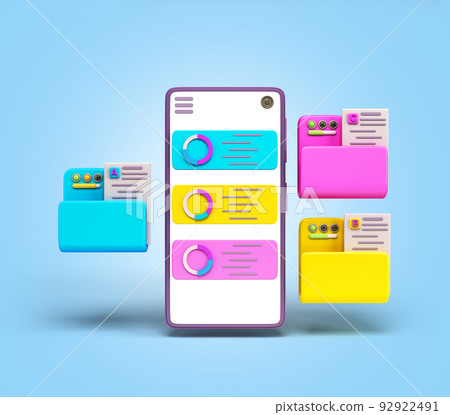 Internal storage concept smartphone with file folders on screen 3d render on blue gradient Internal storage concept smartphone with file folders on screen 3d render on blue gradient 92922491
