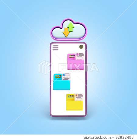 Cloud storage concept smartphone with file folders on screen 3d render on blue gradient Cloud storage concept smartphone with file folders on screen 3d render on blue gradient 92922493