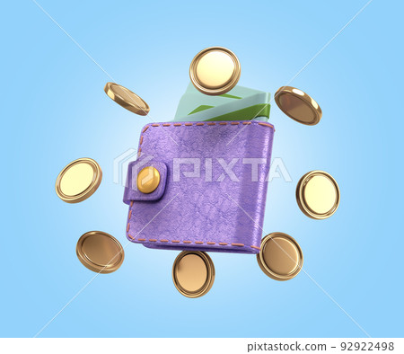 Concept of accumulation of funds in the wallet with gold coins and money bills 3d render  92922498