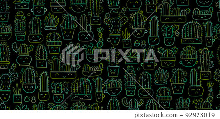 Cute cactus family. Kawaii potted plant. Seamless pattern background for your design 92923019