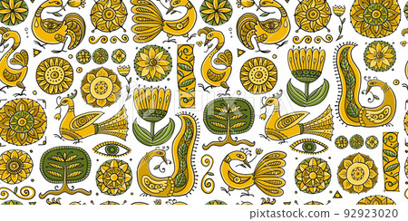 Magic birds and flowers. Vintage seamless pattern background for your design 92923020