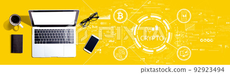 Crypto Trading theme with a laptop computer Crypto Trading theme with a laptop computer 92923494