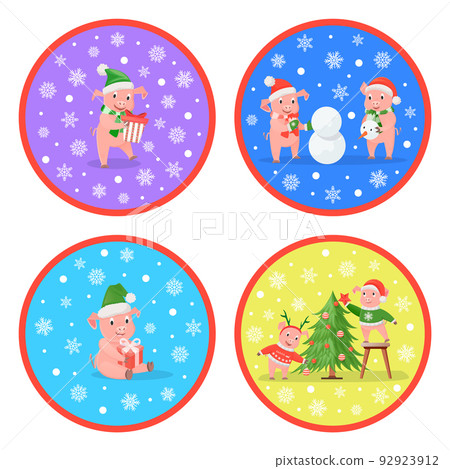 New Year Pig Couples, Christmas Tree and Snowman 92923912