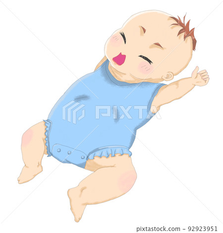 Baby boy in blue clothes sleeping on his back 92923951