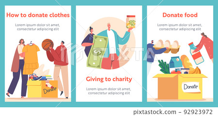 Donation Cartoon Banners with People Filling Cardboard Box with Clothes, Food and Money to Help Poor People in Shelter Donation Cartoon Banners with People Filling Cardboard Box with Clothes, Food and Money to Help Poor People in Shelter 92923972