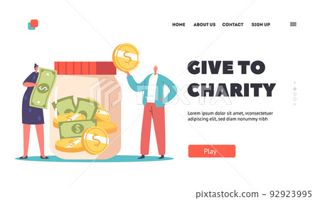 People Giving Money to Charity Landing Page Template. Volunteers Donation, Tiny Male and Female Characters Throw Coins 92923995