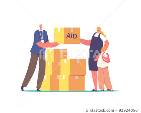 Volunteer Character Giving Humanitarian Aid Help Boxes to Refugees Woman with Little Boy. Governmental Help to People 92924050