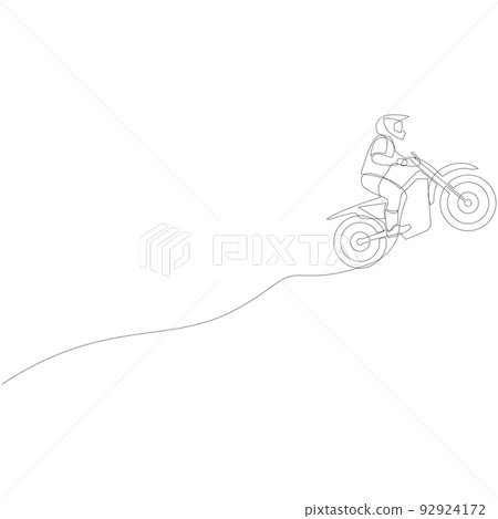 One continuous line drawing of young motocross rider climb mound of land at race track. Extreme sport concept. Dynamic single line draw design vector illustration for motocross competition poster One continuous line drawing of young motocross rider climb mound of land at race track. Extreme sport concept. Dynamic single line draw design vector illustration for motocross competition poster 92924172