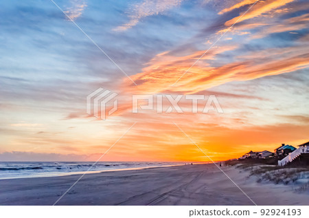 Dusk Beach Scene at Emerald Isle North Carolina Crystal Coast Bogue Banks Waves and Clouds Orange Blue 92924193