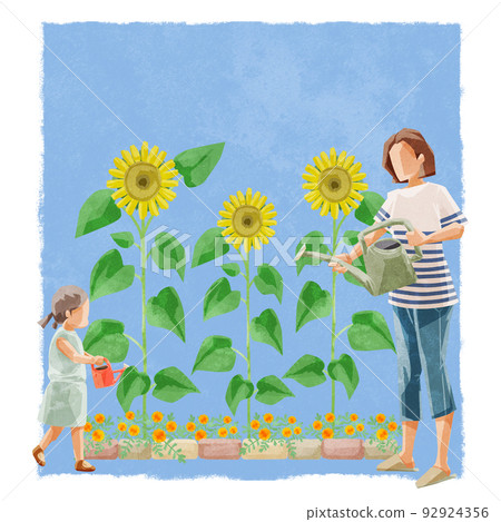 Hand drawn watercolor style illustration of a person watering sunflowers 92924356
