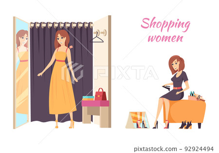 Shopping Women Female Trying Dress Poster Vector Shopping Women Female Trying Dress Poster Vector 92924494
