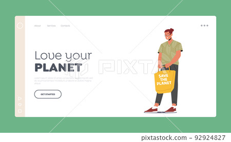 Love your Planet Landing Page Template. Adult Man Carrying Products in Textile Eco Bag. Package, Natural Green Packing Love your Planet Landing Page Template. Adult Man Carrying Products in Textile Eco Bag. Package, Natural Green Packing 92924827